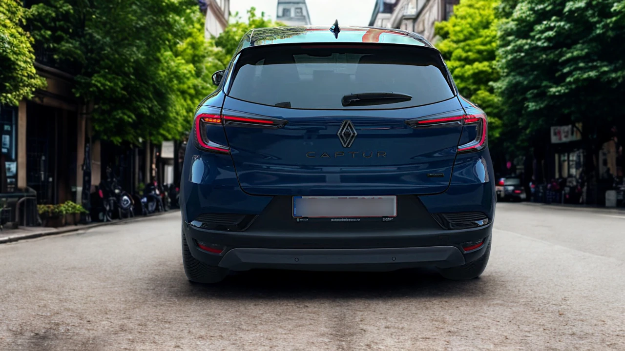 Recht achteraanzicht van 2025 Renault Captur in blauw met transparante achterlichten en vernieuwde achterontwerp
