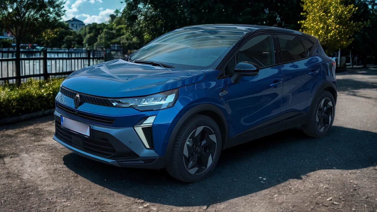 Driekwart vooraanzicht van 2025 Renault Captur in blauw met SUV-houding en moderne designtaal