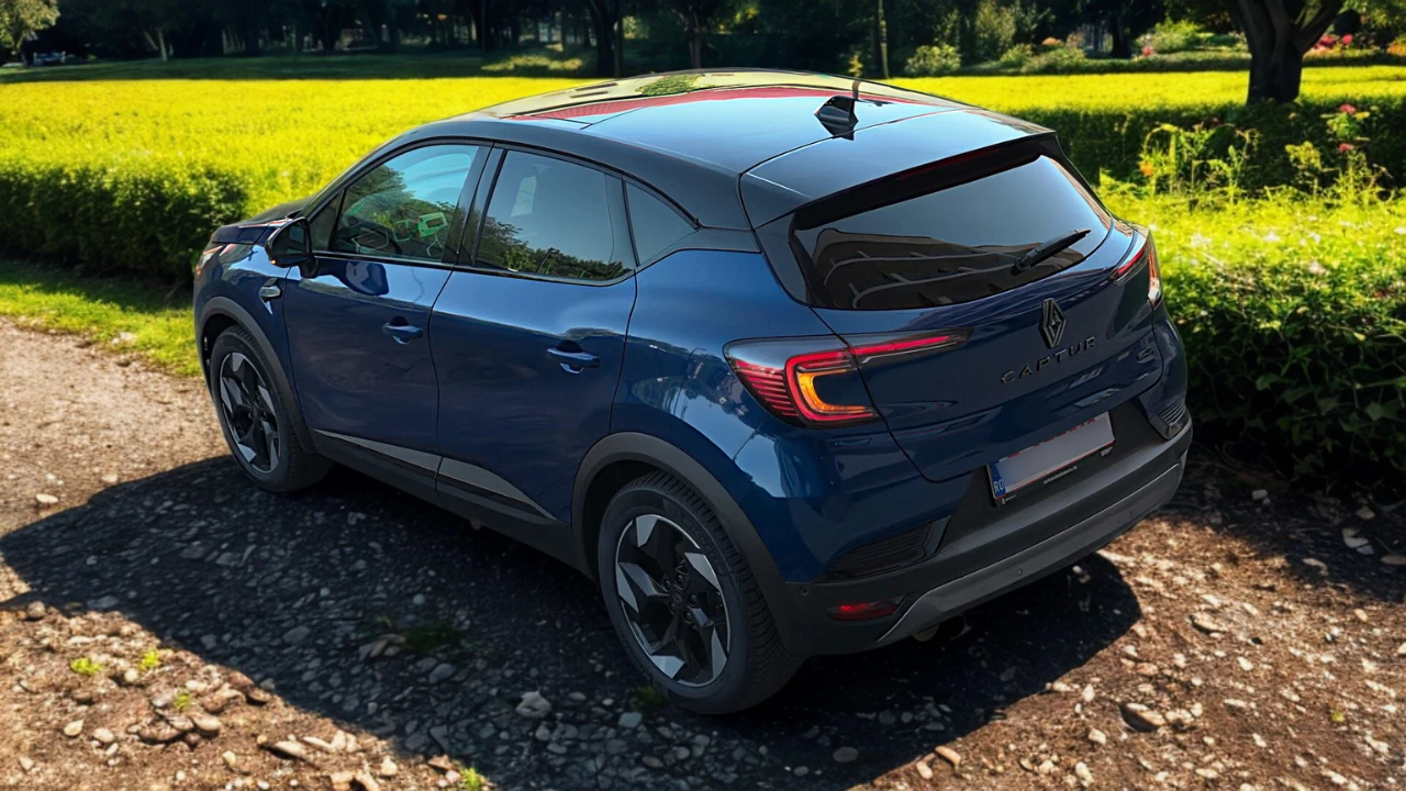 Achterkant driekwart aanzicht van blauwe 2025 Renault Captur met transparante achterlichten en moderne achterkant styling
