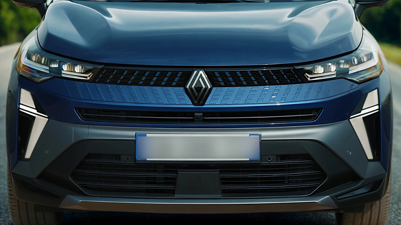 Volledig vooraanzicht van 2025 Renault Captur in blauw met vernieuwde koplampen, grille en moderne SUV-styling