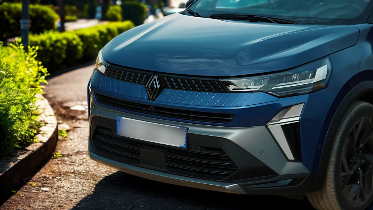 Voorkant grille detail van 2025 Renault Captur met nieuw diamant logo en horizontale ontwerpelementen op blauwe auto