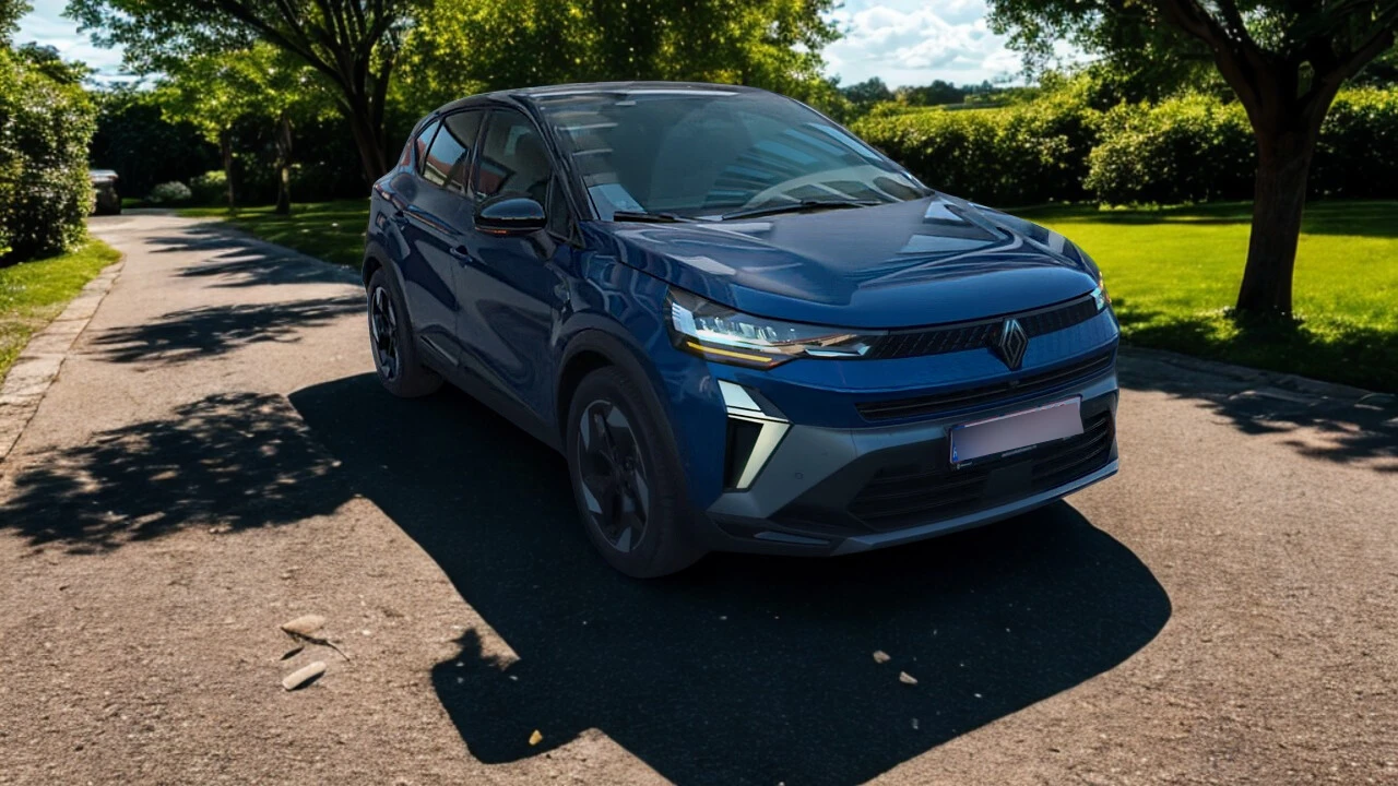 Dynamisch hoekbeeld van 2025 Renault Captur in blauw met nadruk op LED-koplampen en atletisch ontwerp