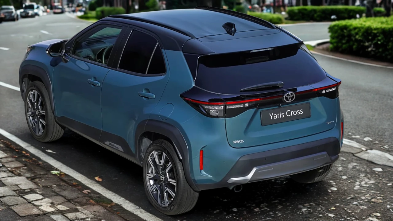 2025 Toyota Yaris Cross achteraanzicht drie-kwart met LED-achterlichten, zwarte dakspoiler en compacte SUV-proporties op stadsstraat