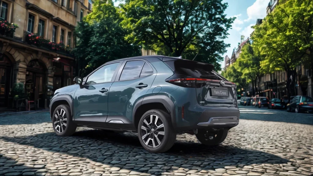 2025 Toyota Yaris Cross achter drie-kwart hoek op boomrijke straat met achterklep, achterruit en compacte crossover-ontwerp