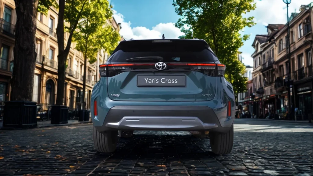 Direct achteraanzicht van 2025 Toyota Yaris Cross met volledige achterlichtspan, geïntegreerde achterspoiler en achterklep-ontwerp op kasseistraat