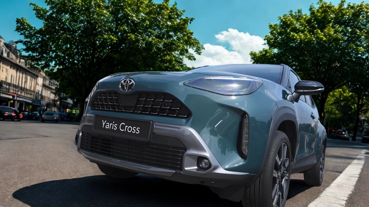 Close-up vooraanzicht van 2025 Toyota Yaris Cross met gedetailleerd grille-patroon, LED-koplampenclusters en Toyota-logo op blauwgroene motorkap