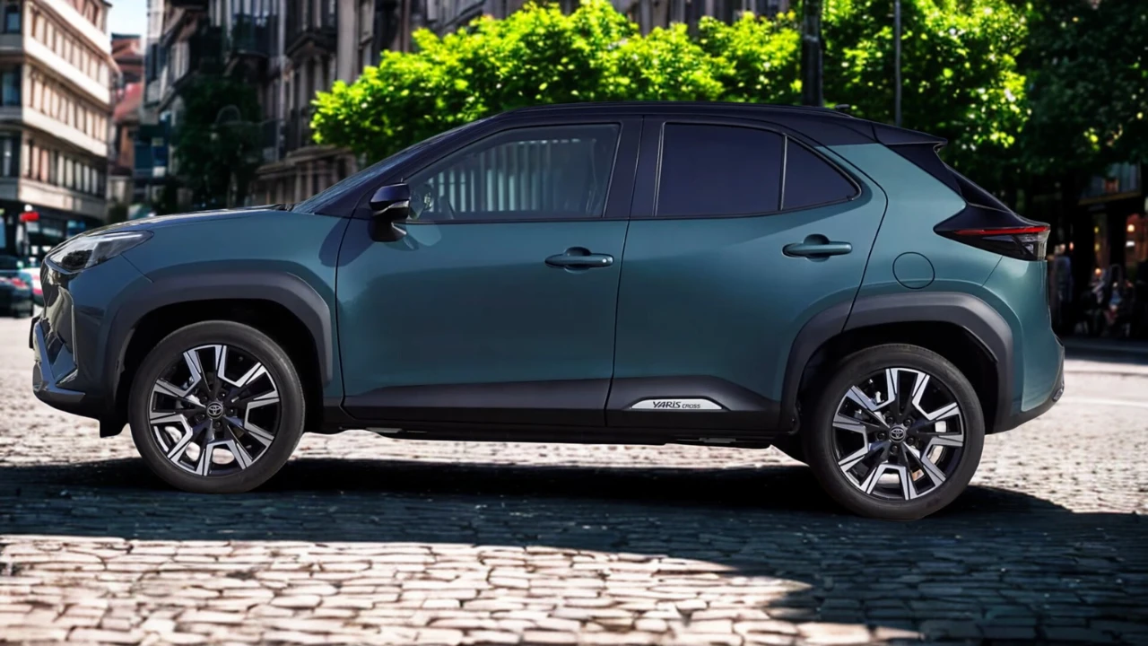 2025 Toyota Yaris Cross zijprofiel met verhoogde SUV-houding, zwarte carrosseriebescherming, lichtmetalen velgen op kasseistraat met Europese architectuur