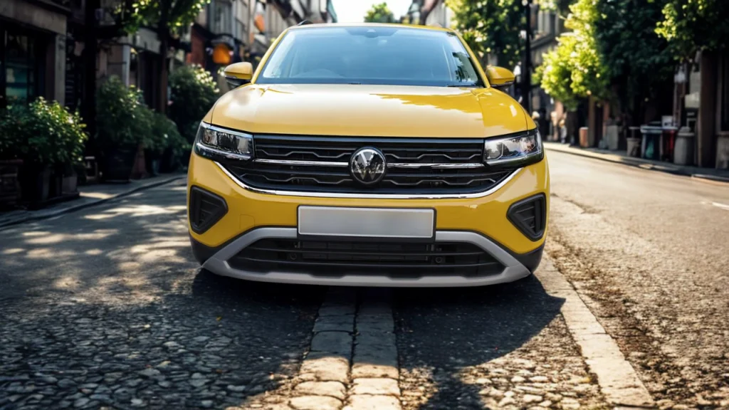 Vooraanzicht van gele 2025 Volkswagen T-Cross op kasseienstraat met grill- en koplampdesign