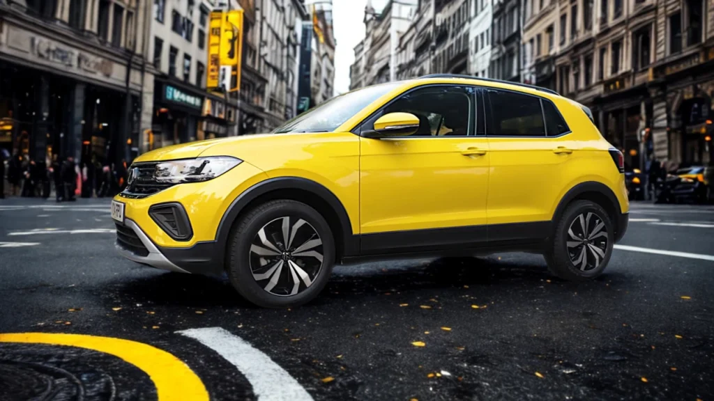 Compleet zijaanzicht van gele 2025 Volkswagen T-Cross met crossover-proporties en wielontwerp