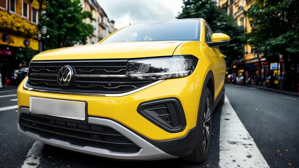 Drie-kwart vooraanzicht van gele 2025 Volkswagen T-Cross met crossover-design en LED-verlichting