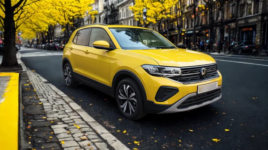 Gele 2025 Volkswagen T-Cross in zijaanzicht op stedelijke straat met herfstbomen