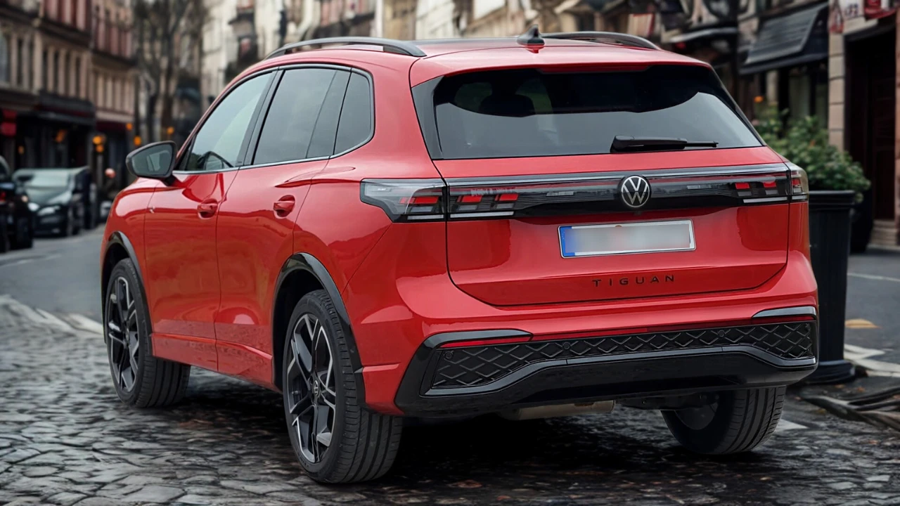 Achter driekwart zicht van rode 2025 Volkswagen Tiguan met SUV-proporties, LED-achterlichten en hedendaagse achter design elementen