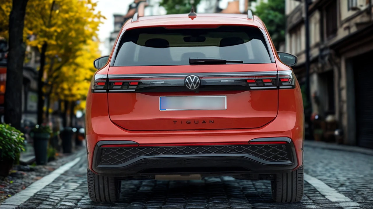 Achterzicht van rode 2025 Volkswagen Tiguan met LED-achterlichten, TIGUAN badge letters, VW-logo en achterbumper design