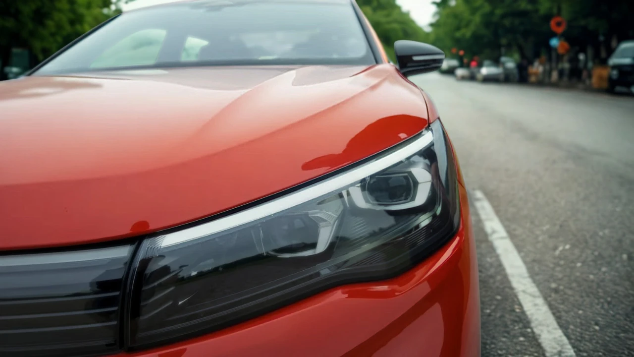 Gedetailleerd zicht van 2025 Volkswagen Tiguan rode voorsectie met LED-koplamp met kenmerkende lichtsignatuur en aerodynamisch motorkap design