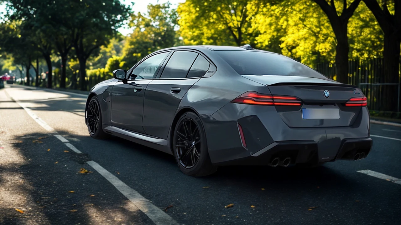 Achter driekwart aanzicht van 2025 BMW M5 op weg met herfstbomen met complete achterontwerp, achterlichten en sedan proporties