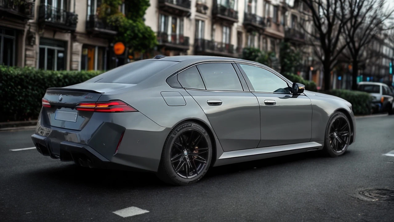 2025 BMW M5 luxe prestatie sedan in grijze metallic lak geparkeerd op stadsstraat met achter driekwart hoek met zwarte wielen en moderne achterlichten