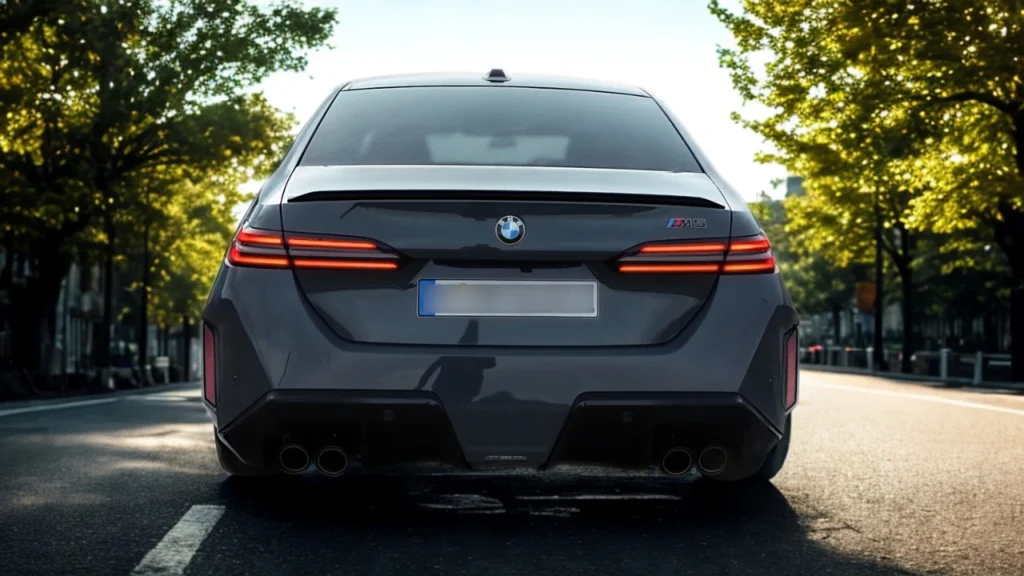 Direct achteraanzicht van 2025 BMW M5 met quad uitlaatpijpen, M5-badge, BMW-logo en volle breedte achterlichten op donkere sedan