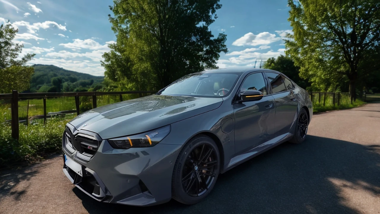 2025 BMW M5 prestatie sedan in grijze metallic op landweg met voor driekwart aanzicht met grote niergrille en sportieve bodykit