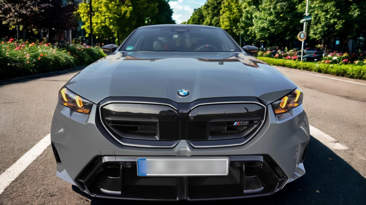 Vooraanzicht van 2025 BMW M5 met grote zwarte niergrille met M5-badge, LED-koplampen en BMW-logo op grijze metallic motorkap