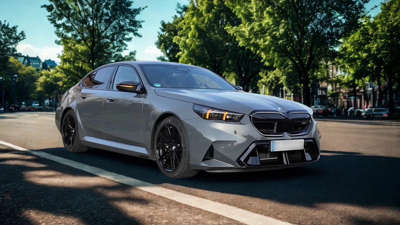Voor driekwart aanzicht van 2025 BMW M5 in stedelijke omgeving met gebouwen en bomen, sportieve voorbumper en slanke vormgeving tonend