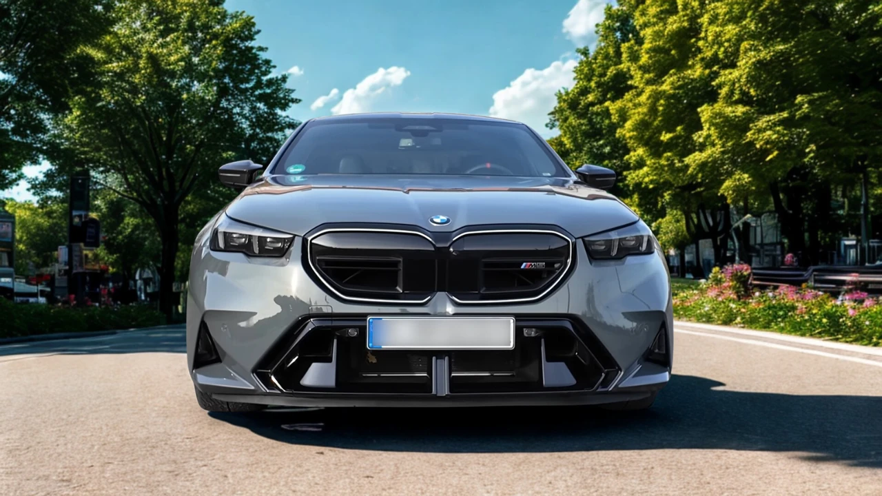 Vooraanzicht van 2025 BMW M5 luxe sedan in parkomgeving met bomen en bloemen, volledige voorkant en elegante vormgeving tonend