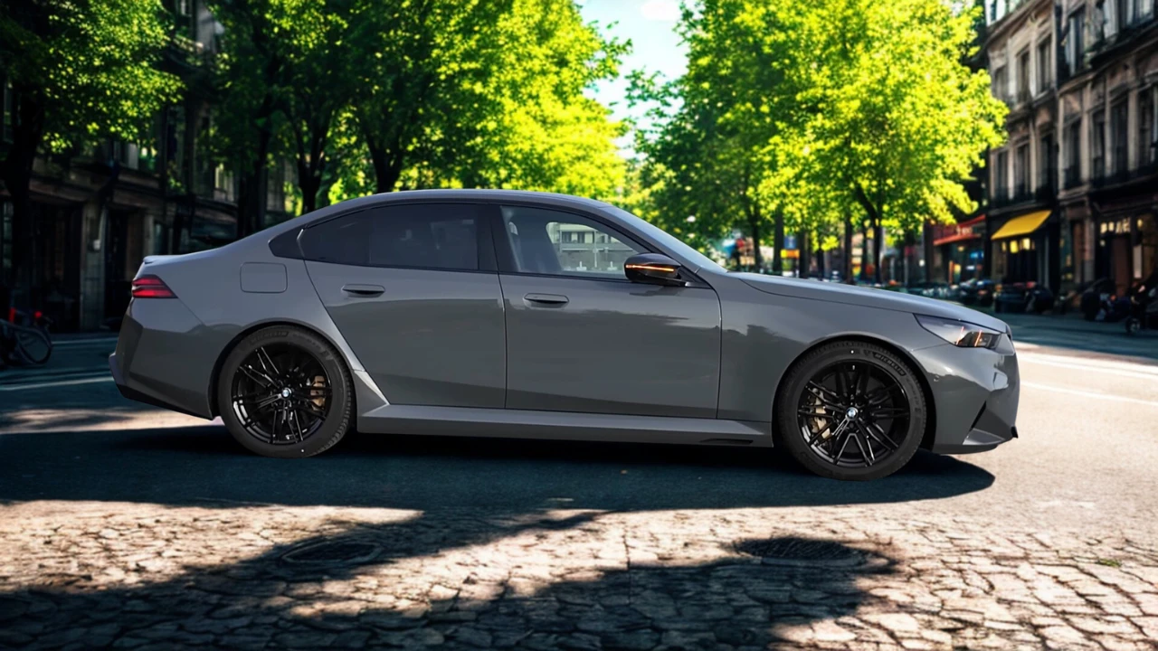 Zijprofiel aanzicht van 2025 BMW M5 op kasseienstraat met complete sedan silhouet met zwarte wielen en atletische proporties