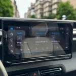 2025 Citroën ë-C3 touchscreen infotainment display met radio FM 99.0 MHz, Apple CarPlay-verbinding met iPhone 15, navigatieopties en tijdweergave 17:18
