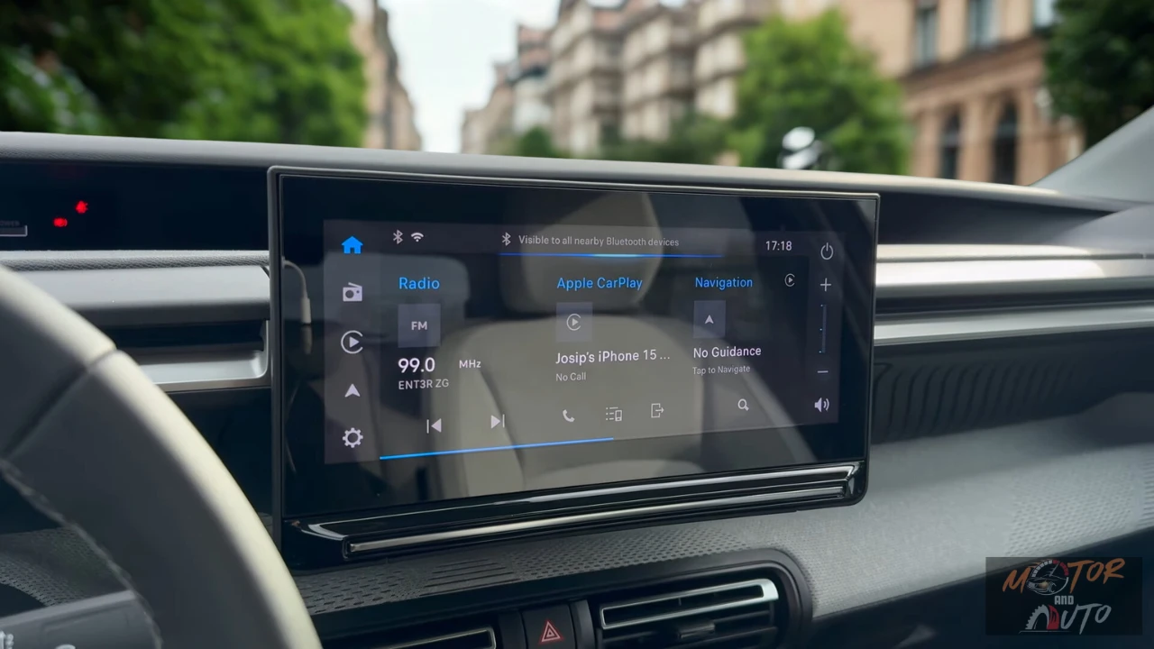 2025 Citroën ë-C3 touchscreen infotainment display met radio FM 99.0 MHz, Apple CarPlay-verbinding met iPhone 15, navigatieopties en tijdweergave 17:18