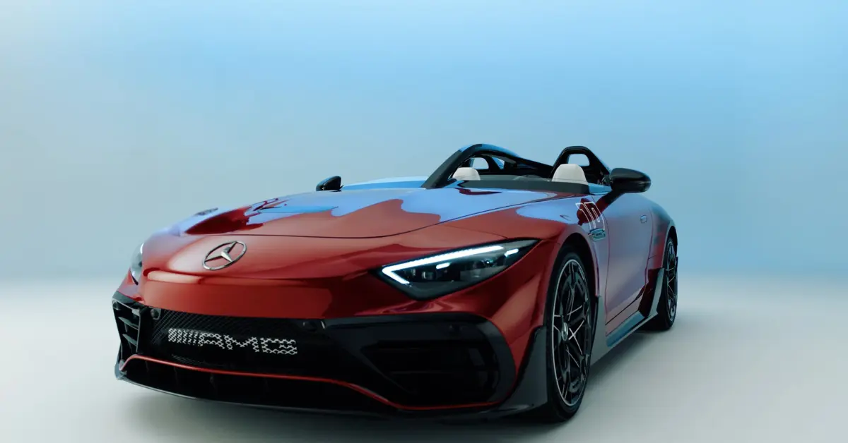 Gedetailleerd vooraanzicht van Mercedes-AMG PureSpeed ​​met LED-koplampen, AMG-grille en aerodynamische frontsplitter in rode en zwarte afwerking