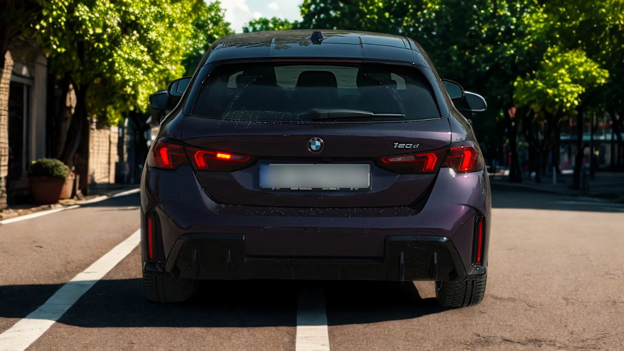 2025 BMW 1 Serie achteraanzicht met kenmerkende LED-achterlichten, 120i modelbadge, achterdiffuser en hatchback ontwerp in paarse metallic lak op stedelijke straat
