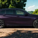 2025 BMW 1 Serie compleet zijprofiel met compacte hatchback proporties, sportieve lichtmetalen velgen, raamontwerp en paarse metallic afwerking tegen natuurlijke achtergrond