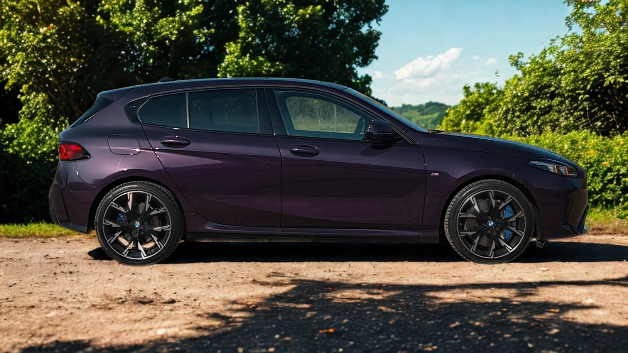 2025 BMW 1 Serie compleet zijprofiel met compacte hatchback proporties, sportieve lichtmetalen velgen, raamontwerp en paarse metallic afwerking tegen natuurlijke achtergrond
