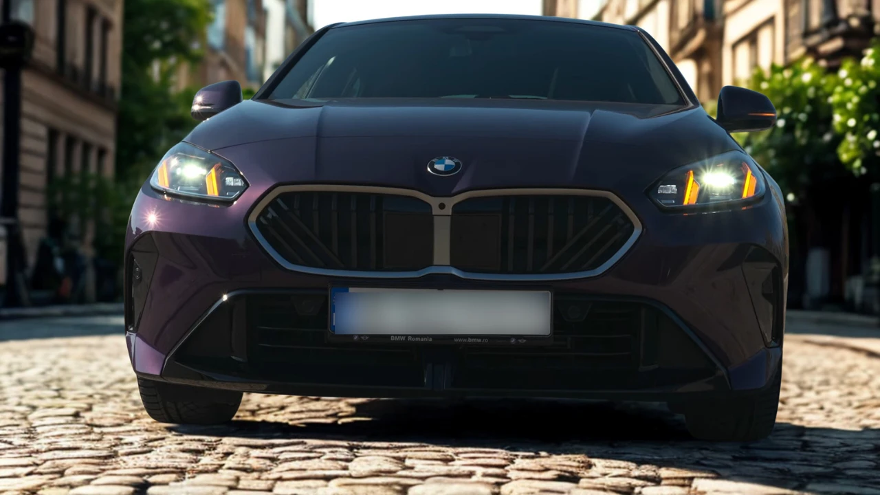 2025 BMW 1 Serie vooraanzicht close-up op kasseienstraat met verlichte LED-koplampen, prominente BMW niergrille en stedelijke architectuur op de achtergrond in paarse metallic afwerking