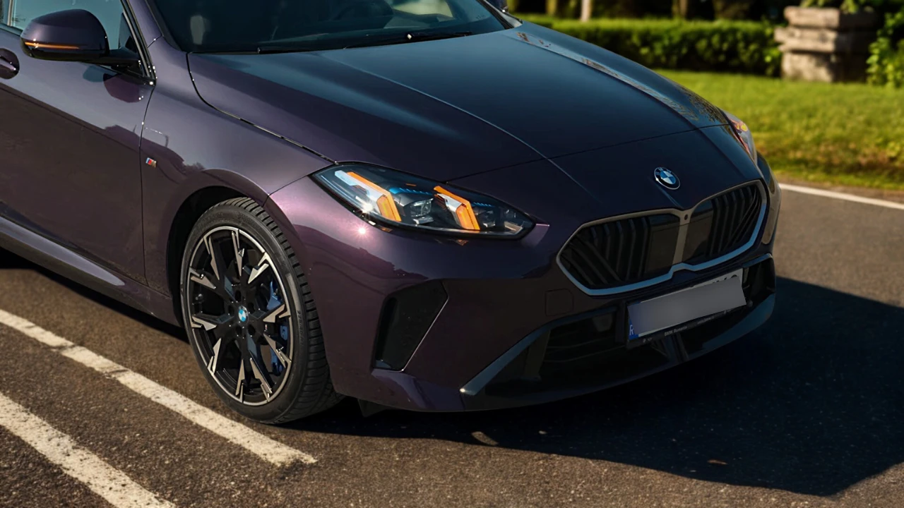 2025 BMW 1 Serie zijdetail met sportieve lichtmetalen velgen met blauwe remklauwen, gebeeldhouwde carrosseriepanelen en premium paarse metallic lak in natuurlijk licht