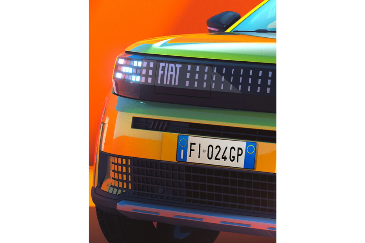 Detailaanzicht van de innovatieve LED-matrix grille van de Grande Panda met FIAT-logo