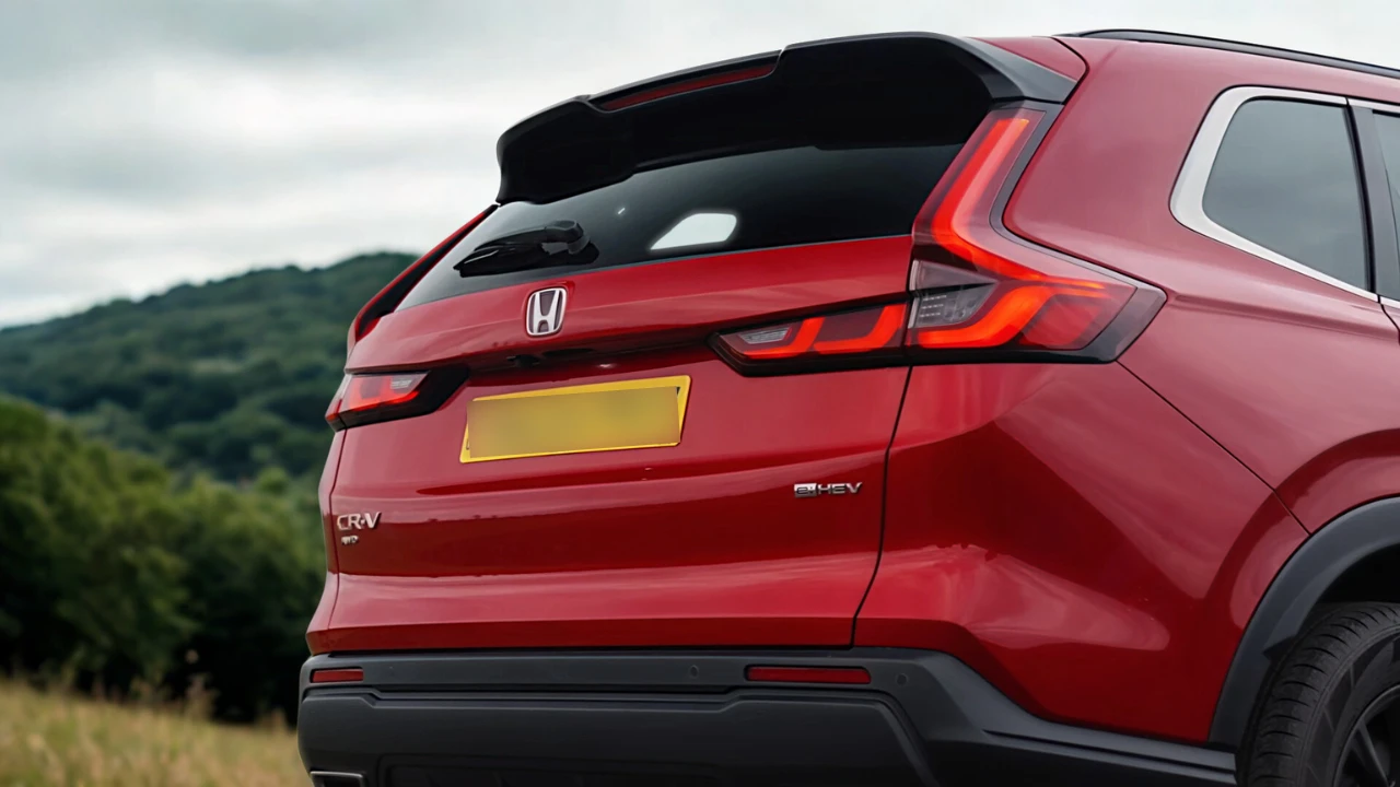 2025 Honda CR-V rode SUV achter detail met LED achterverlichting, hybride badge en spoiler ontwerp