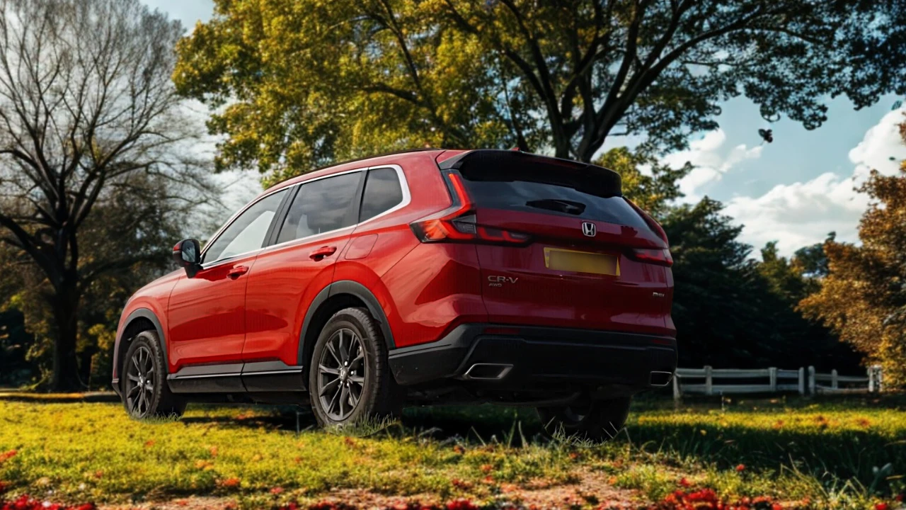 2025 Honda CR-V rode SUV achter drie-kwart aanzicht op het platteland met bomen en natuurlijk landschap