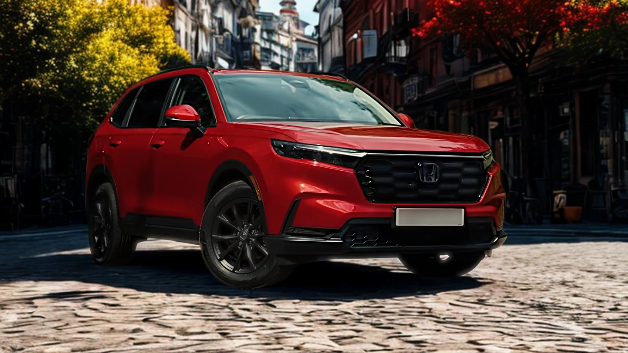 2025 Honda CR-V rode compacte SUV op kasseienstraat met historische Europese gebouwen en herfstgebladerte