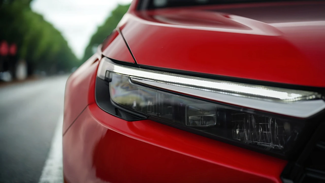 Detailweergave van 2025 Honda CR-V rode SUV koplamp met LED-technologie en chromen afwerking