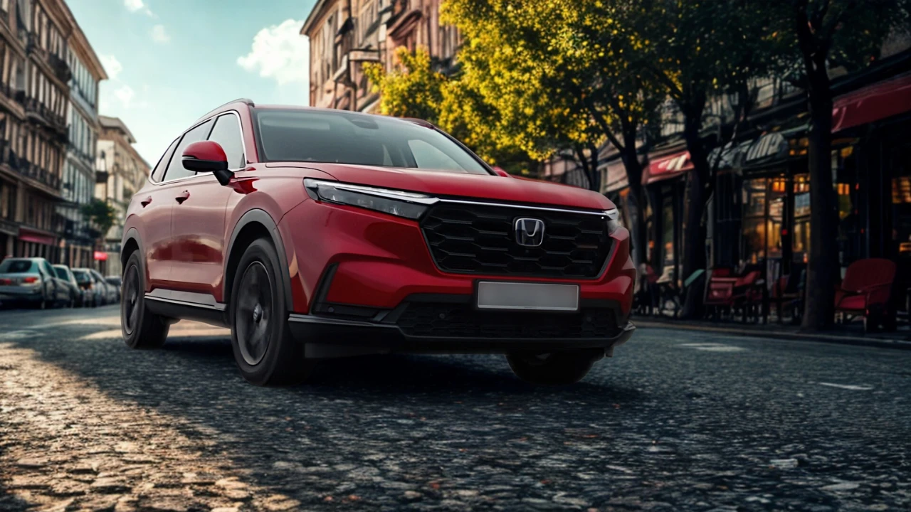 2025 Honda CR-V rode compacte SUV voor drie-kwart aanzicht op kasseienstraat met klassieke Europese architectuur