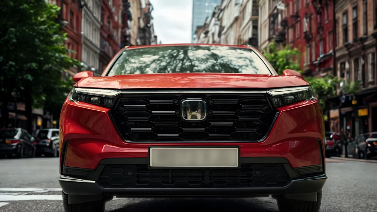 2025 Honda CR-V rode SUV voorgrill close-up met honingraat patroon en Honda logo op stadsstraat