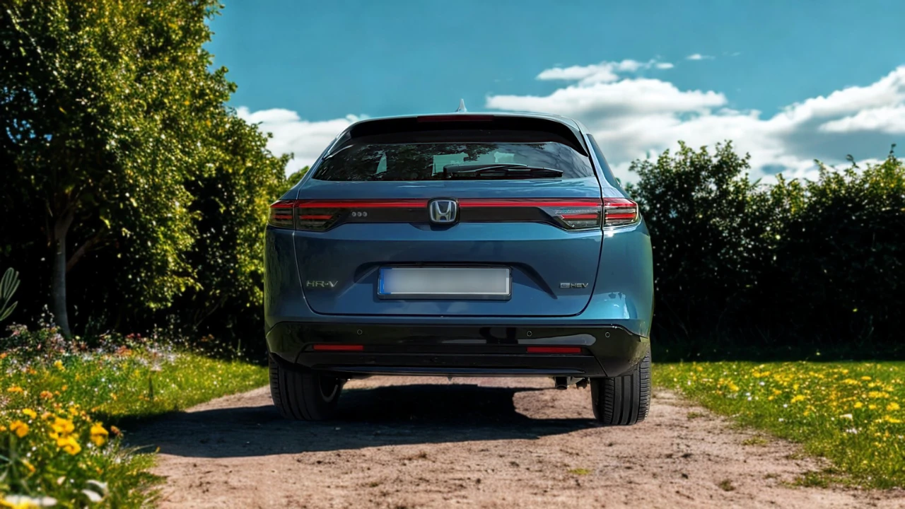 2025 Honda HR-V achterzicht in blauwe lak met moderne LED-achterlichten, Honda logo, HR-V modelbadge en e:HEV hybride systeemaanduiding.