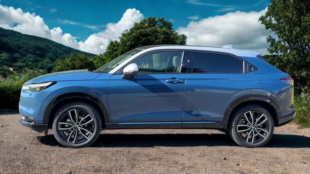 2025 Honda HR-V volledig zijprofiel in blauw met crossover SUV-verhoudingen, carrosseriebescherming, lichtmetalen wielen en moderne ontwerpelementen over de hele voertuiglengte.