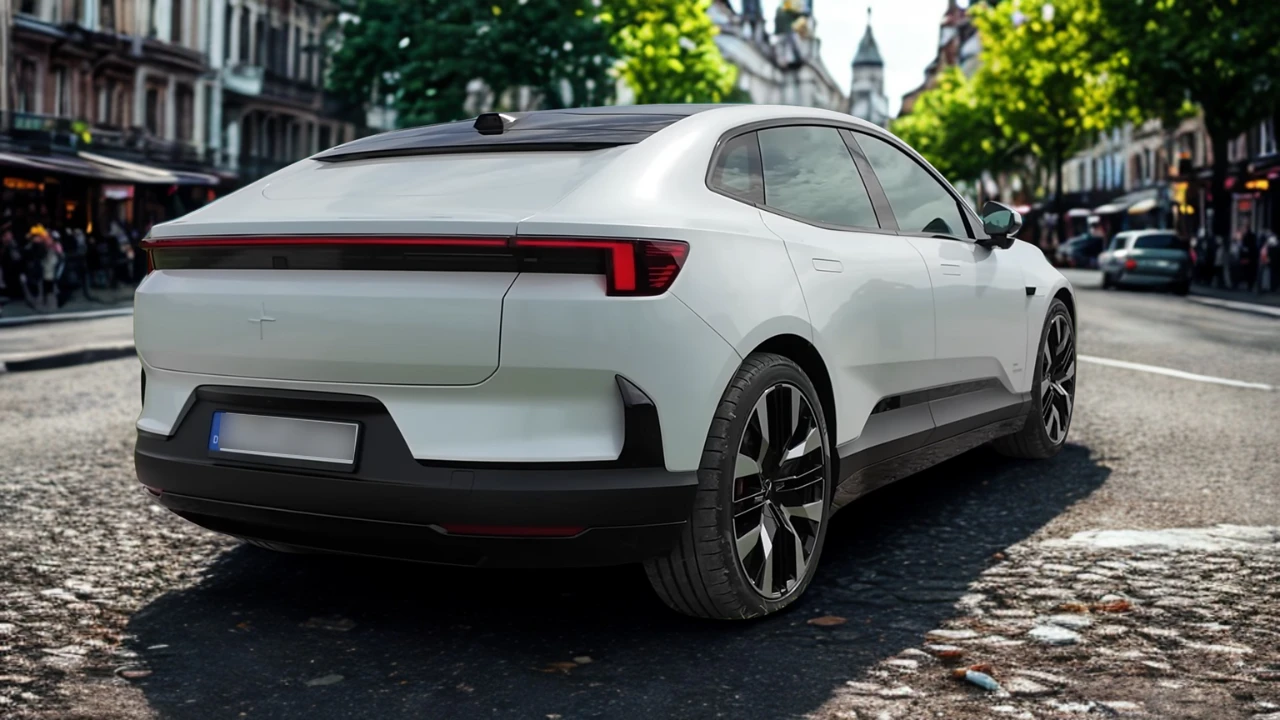 Achter-driekwart aanzicht van witte 2025 Polestar 4 elektrische auto geparkeerd op kinderkopjesstraat met traditionele Europese architectuur op de achtergrond, toont fastback-ontwerp en LED-achterlichten