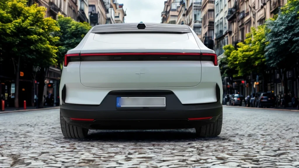 Directe achteraanzicht van witte 2025 Polestar 4 elektrische auto op kinderkopjesstraat met volle breedte LED-achterlichtbalk, minimalistisch achterontwerp en Europees kenteken