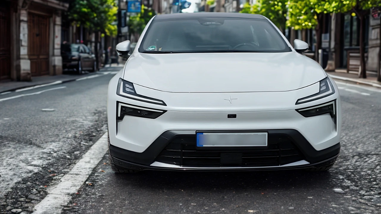 Directe vooraanzicht van witte 2025 Polestar 4 op stedelijke straat met volledige voorkant met LED-koplampen, gesloten grille-ontwerp en Polestar-sterlogo op motorkap