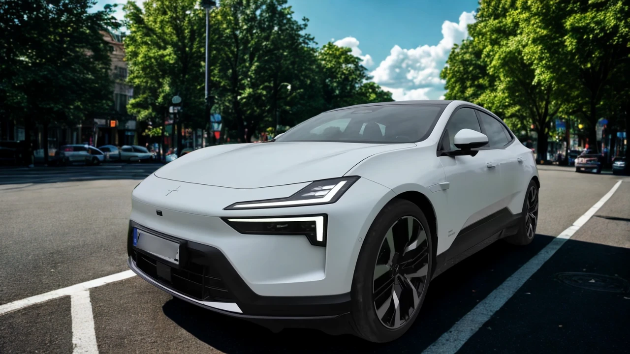Voor-driekwart aanzicht van witte 2025 Polestar 4 elektrische SUV op stadsstraat met bomen op de achtergrond, toont voor-LED-verlichtingsontwerp en moderne aerodynamische styling
