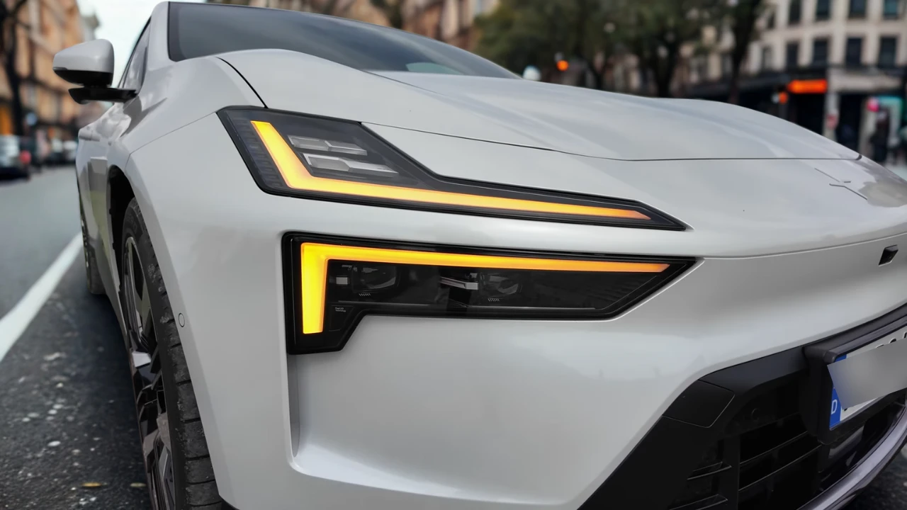 Close-up van de voorkoplamp van de 2025 Polestar 4 met LED-dagrijverlichting met gele amber accenten en modern hoekig ontwerp op witte voertuigcarrosserie