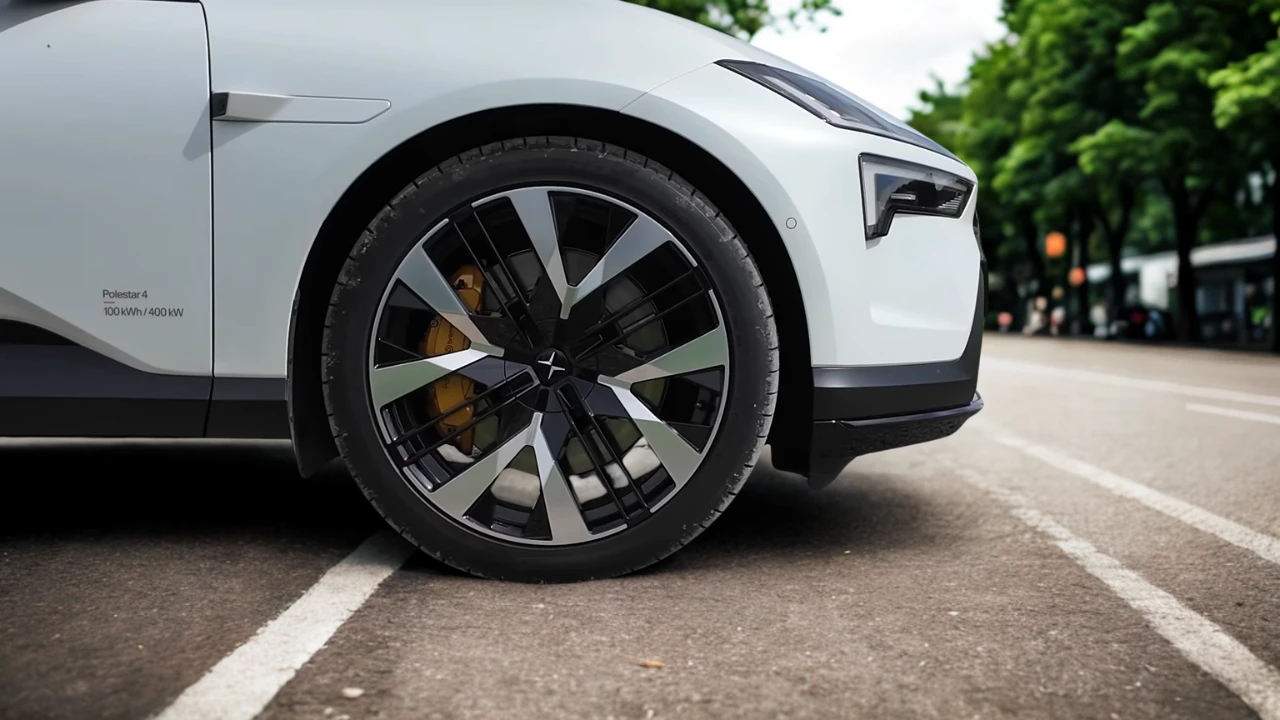 Close-up van het voorwiel van de 2025 Polestar 4 met zilveren lichtmetalen velg met zwarte spaken, gele remklauw en Polestar 4-badge op witte elektrische auto carrosserie