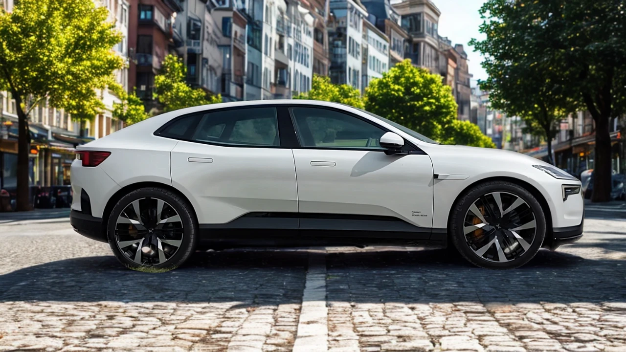 Zijprofiel van witte 2025 Polestar 4 op kinderkopjesstraat met stedelijke gebouwen op de achtergrond, toont de coupé-SUV-verhoudingen van het voertuig en zwart wielontwerp